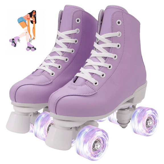 XunKA Adjustable Light Up Quad Roller Skates for Beginners - High-Top PU Leather Double-Row Wheels for Indoor Outdoor Use - Unisex Skates for Women, Men, Girls and Boys