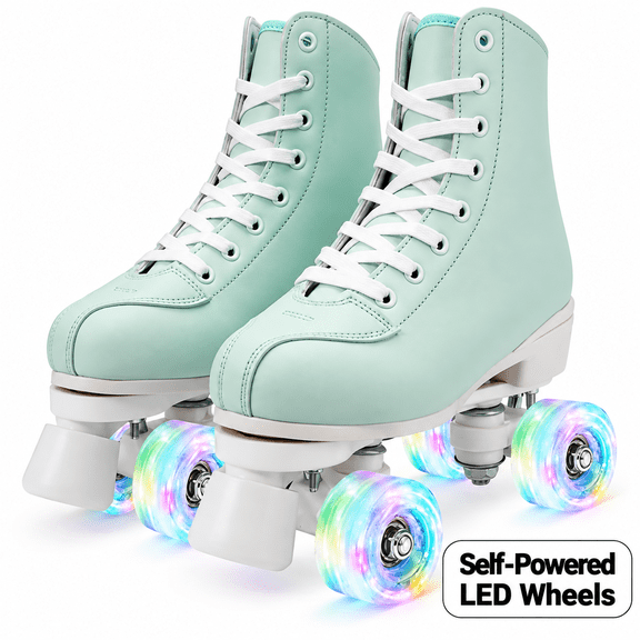 XunKA Adjustable Light Up Quad Roller Skates for Beginners - High-Top PU Leather Double-Row Wheels for Indoor Outdoor Use - Unisex Skates for Women, Men, Girls and Boys