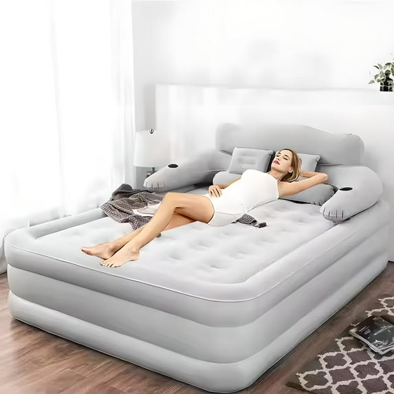 XunKA Air Mattress Queen with Built-in Pump and Headboard,Inflatable Portable Mattress for Home, Camping & Guests,Gray.