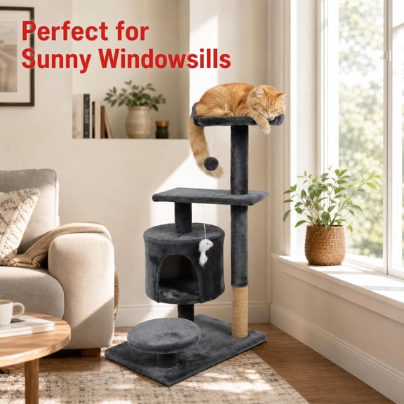 XunKA Cat Tree Tower Condo for Indoor Cats, Soft Plush Climbing Tree Cat House, Scratching Post, Sisal Rope, Pompom Hanging Toys, Dark Gray