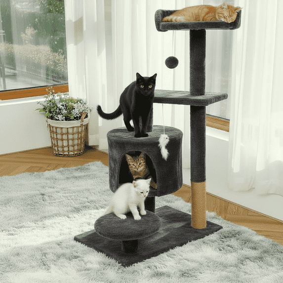 XunKA Cat Tree Tower Condo for Indoor Cats, Soft Plush Climbing Tree Cat House, Scratching Post, Sisal Rope, Pompom Hanging Toys, Dark Gray