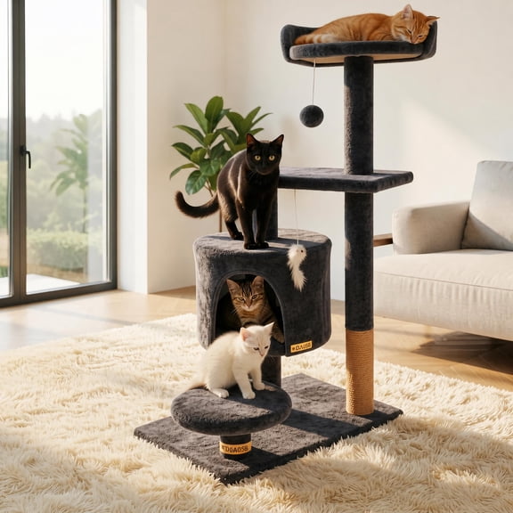 XunKA Cat Tree Tower Condo for Indoor Cats, Soft Plush Climbing Tree Cat House, Scratching Post, Sisal Rope, Pompom Hanging Toys, Dark Gray