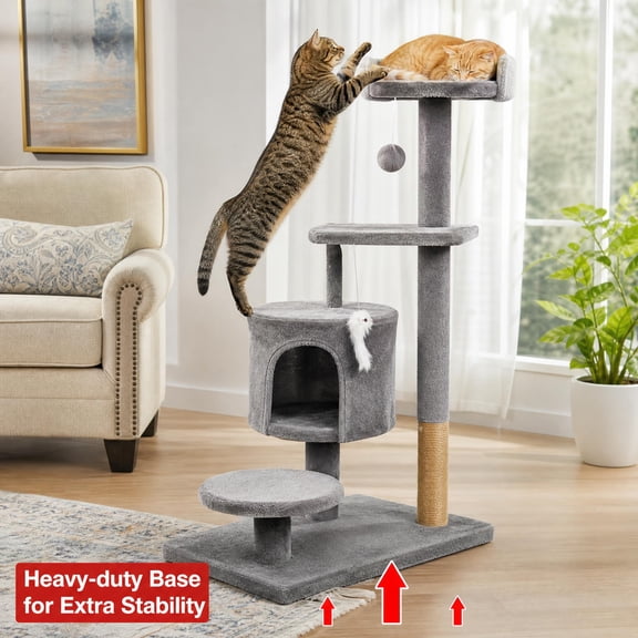 XunKA Cat Tree Tower Condo for Indoor Cats, Soft Plush Climbing Tree Cat House, Scratching Post, Sisal Rope, Pompom Hanging Toys, Light Gray