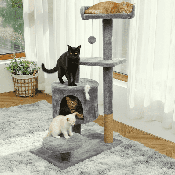 XunKA Cat Tree Tower Condo for Indoor Cats, Soft Plush Climbing Tree Cat House, Scratching Post, Sisal Rope, Pompom Hanging Toys, Light Gray