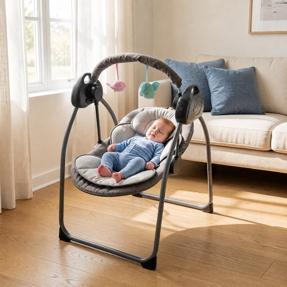 XunKA Electric Baby Swing, Portable Infant Bouncer Cradle with Bluetooth Music and Remote Control, Gray