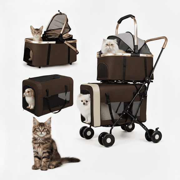 XunKA Foldable Double Pets Stroller for Dogs and Cats, Double Strollers with Detachable Carriers Foldable Pet Travel Jogger Stroller Removable Cat Carrier Bag for Small Medium Dogs Up to 60Lbs,Brown