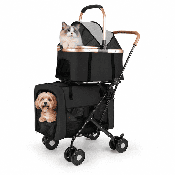 XunKA 4-Wheel Double Pet Stroller for Small Medium Dogs up to 60 lbs, Oxford Fabric Detachable Carriers Foldable - Black