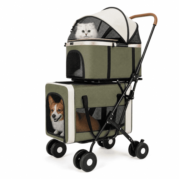 XunKA Double Decker Pet Stroller for Small & Medium Dogs/Cats, 4-Wheel Detachable Foldable Cat Stroller with Shock-Absorbing Wheels, Green
