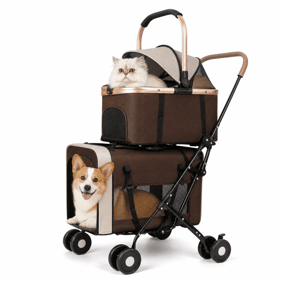 XunKA Double Decker Pet Stroller for Small & Medium Dogs/Cats, Detachable 2-in-1 Foldable Cat Stroller with Shock-Absorbing Wheels, Brown