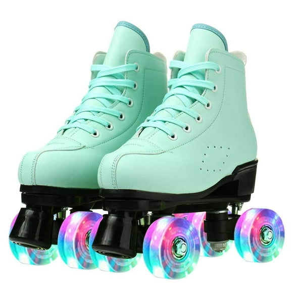 XunKA Light-Up Quad Roller Skates for Adults & Kids, Cowhide Leather High-Top Roller Skates with Flashing Wheels for Women Men Boys Girls Unisex(Women 10/Youth/Men 8)