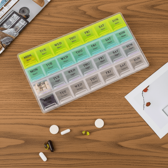XunKA Weekly Pill Organizer 4 Times A Day 7 Day Pill Box Holder Large Daily Medicine Organizer Travel Pill Case Pill Container (4 Time Multicolors, 1psc)