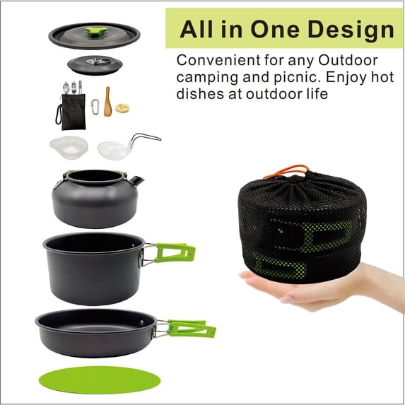 XunW Outdoor Tableware Camping Cooking Set Carabiner Space-Saving Green Cutting Board Hard Alumina Corkscrew Kettle