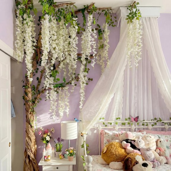 XunYee 3D Wisteria Tree for Classroom Room Wall Decor Bulletin Board Decorations DIY Cardboard Paper Tree Artificial Hanging Flower Garland with Fake Green Vine Kraft Paper Tape(White)$$Office