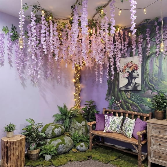 XunYee 3D Wisteria Tree for Classroom Room Wall Decor Bulletin Board Decorations DIY Cardboard Paper Tree Artificial Hanging Flower Garland with Fake Green Vine Kraft Paper Tape(Purple)$$Office