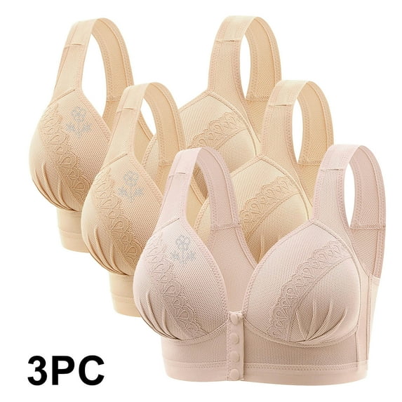 Xuncatan 3PC Daisy Bras for Older Women Front Closure Plus Size Bras Wireless Push Up Full Coverage Gathered Bra With Thin Cup And Adjustable Bra Soft Breathable Underwear Christmas gifts
