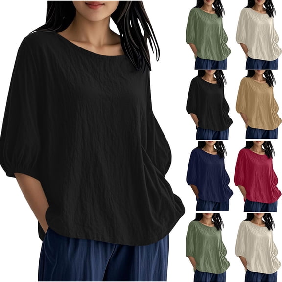 Xuniizn 3/4 Sleeve Tops for Women Cotton Linen Plus Size Solid Crewneck Summer Casaul Loose Shirts Lightweight Soft Cozy Breathable Blouses, S-5XL