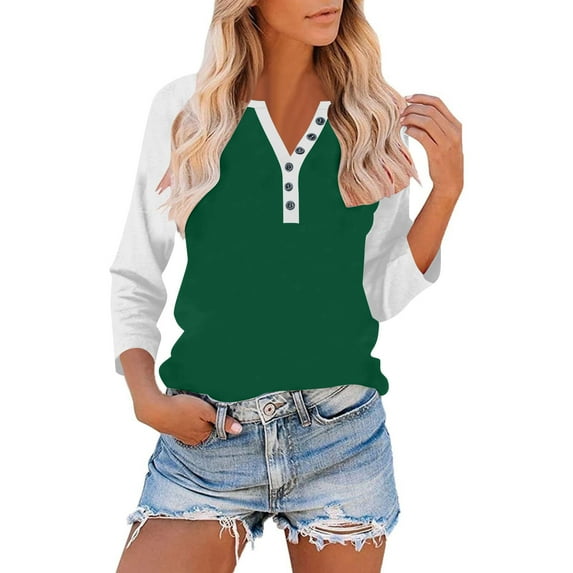 Xuniizn 3/4 Sleeve Tops for Women, Plus Size Front Button Color Block Casual Fall Shirt, Lightweight Soft Loose Tops