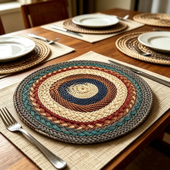 Xuniizn 8 Pcs Vintage Table Mats, Navy Red Concentric Round Placemats Set of 8, Heat Resistant Waterproof Place Mats for Dining, Kitchen & Party
