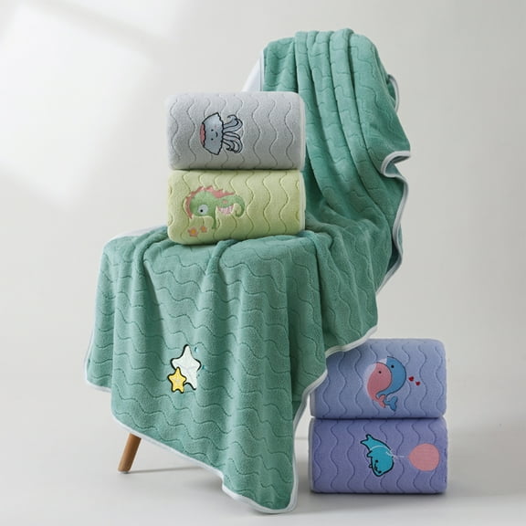 Xuniizn Bath Towel and Wash Cloths Set: Cartoon Animal Water Pattern Bath Towel 70x140Cm, 100%Polyester, Highly Absorbent & Fade Resistant