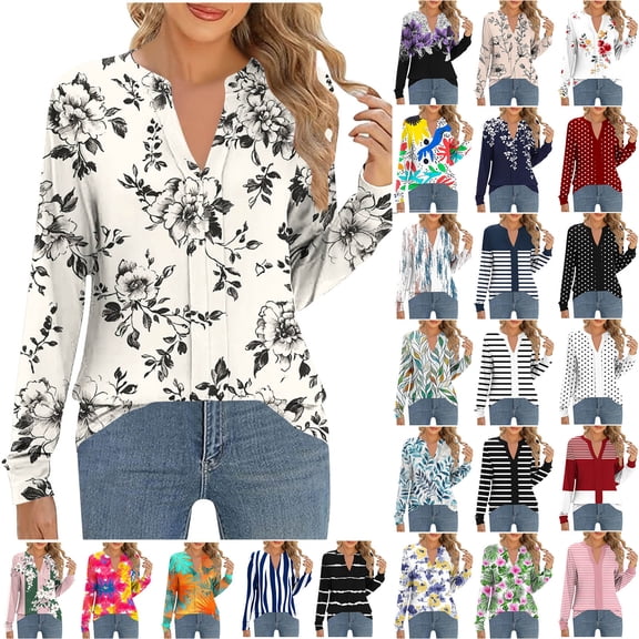 Xuniizn Blouses for Women, Floral Printed V Neck Long Sleeve Business Casual Tops, Soft Cozy Loose Dressy Work Blouses, S-2XL