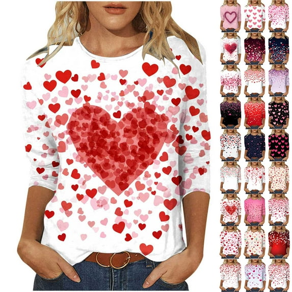 Xuniizn Blouses for Women, Valentine's Day Heart Print 3/4 Sleeve Casual Loose Crewneck Shirts, Plus Size Soft Cozy Tunic Tops, Gifts for Her