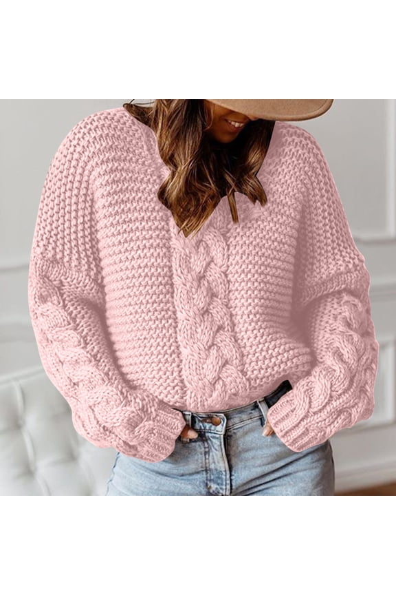 Cable Knit Sweater Women, Plus Size Solid Color Long Sleeve Crewneck Sweater Tops, Thick Insulated Soft Cozy Fall Winter Trendy Versatile Casual Pullover Sweaters