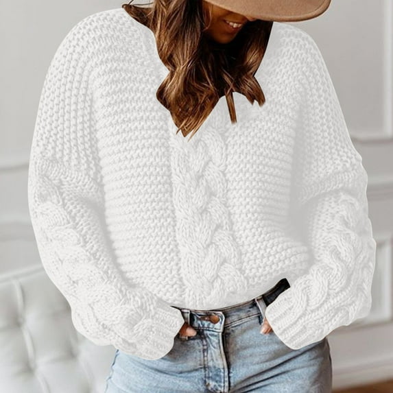 Xuniizn Cable Knit Sweater Women, Plus Size Solid Color Long Sleeve Crewneck Sweater Tops, Thick Insulated Soft Cozy Fall Winter Trendy Versatile Casual Pullover Sweaters
