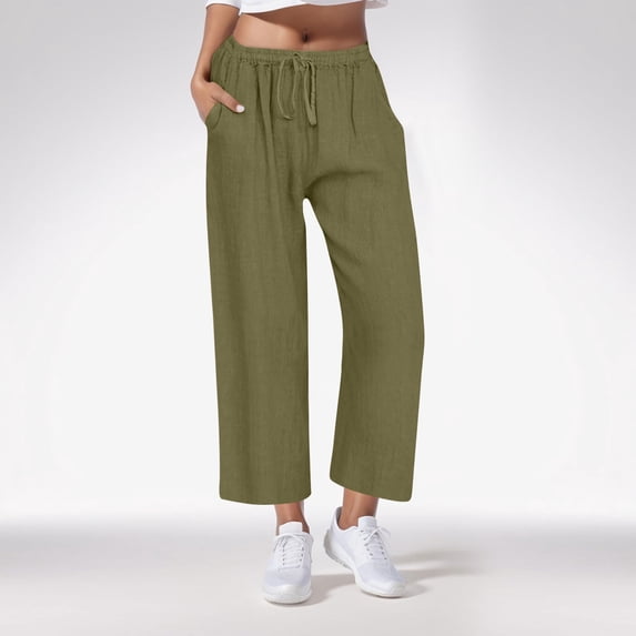 Xuniizn Casual Pants for Women Plus Size, Drawstring Elastic Waist Straight Solid Color Faux Linen Pants with Pockets, Soft Cozy Breathable Loose Pants, S-3XL
