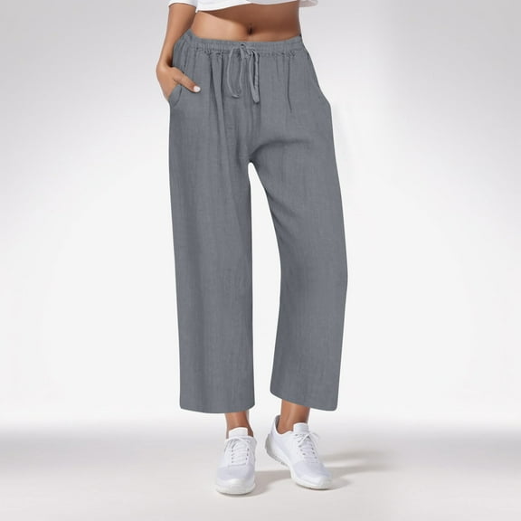 Xuniizn Casual Pants for Women Plus Size, Drawstring Elastic Waist Straight Solid Color Faux Linen Pants with Pockets, Soft Cozy Breathable Loose Pants, S-3XL