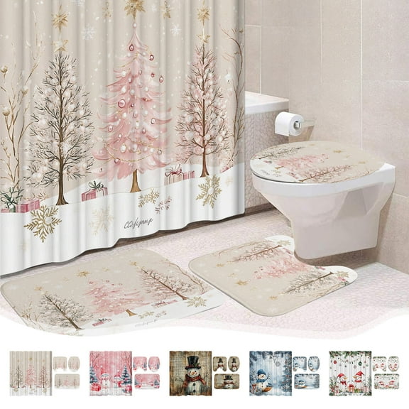 Xuniizn Christmas Bathroom Rugs Sets 4 Piece with Toilet Cover, Snowflake Bath Mat Non Slip Washable Bathroom Mat with U-Shaped Toilet Mat, Christmas Decorations for Home
