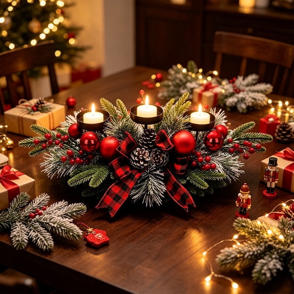Xuniizn Christmas Centerpiece, Christmas Candle Holder, 5 Styles Table Decor with 3 Candle Holders, Metal Sleigh Base with Pine Red Berry Poinsettia Designs for Festive Table & Mantel Display
