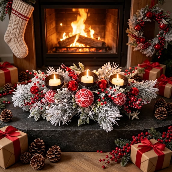 Xuniizn Christmas Centerpiece, Christmas Candle Holder, 5 Styles Table Decor with 3 Candle Holders, Metal Sleigh Base with Pine Red Berry Poinsettia Designs for Festive Table & Mantel Display