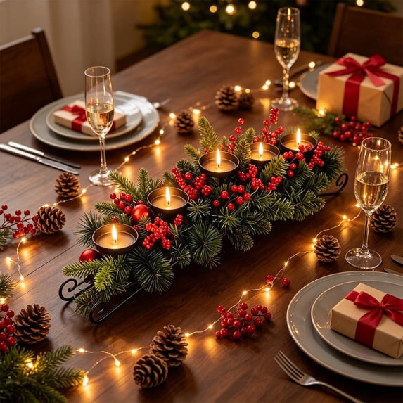 Xuniizn Christmas Centerpiece, Christmas Candle Holder, 5 Styles Table Decor with 5 Candle Holders, Metal Sleigh Base with Pine Red Berry Poinsettia Designs for Festive Table & Mantel Display