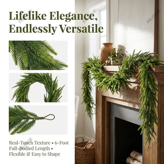 Xuniizn Christmas Garland for Mantle Artificial Norfolk Pine Garland for Decorations, 5.9Ft Real Touch Cedar Garland, Greenery Garland for Wall, Holiday, Christmas Decorations for Home