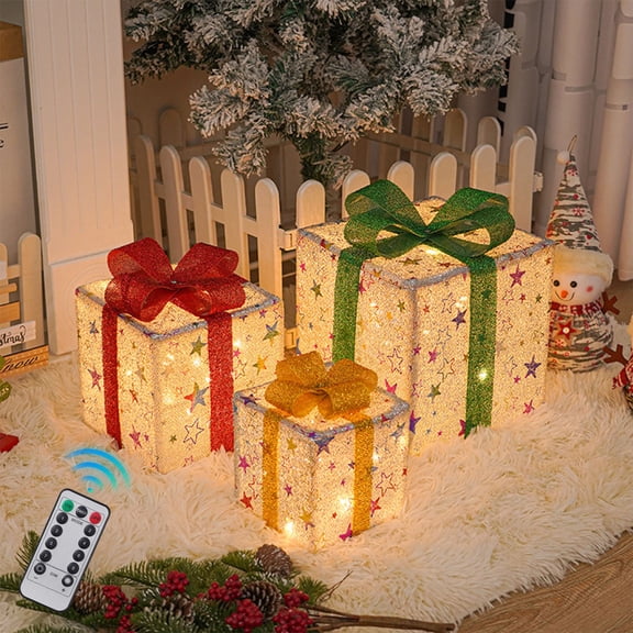 Xuniizn Christmas Lighted Gift Boxes: Set of 3 Light Up Presents Christmas Decoration for Indoor Xmas Tree Outdoor Yard Holiday, Battery Operated Gift Boxes with Pre-lit 50 Warm White Lights