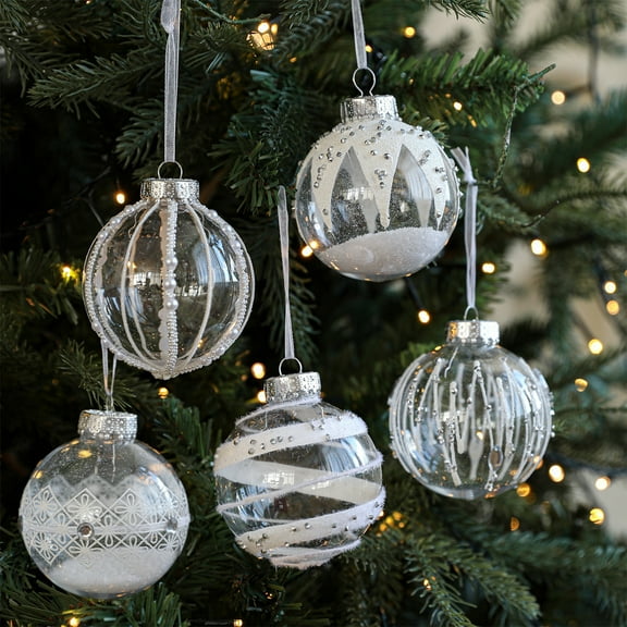 Xuniizn Christmas Ornaments Set - 3.14in Plastic Transparent Ball Christmas Ball Striped Stickys Whites Pearl Hanging Ball Christmas Tree Decoration, Clear