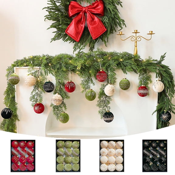 Xuniizn Christmas Ornaments Set - 8CM/12PCS Glitter Diamonds Velvet Wrapped Cloth Christmas Ball Hanging Decorations Birth Christmas Decorations Window Hangings, Green
