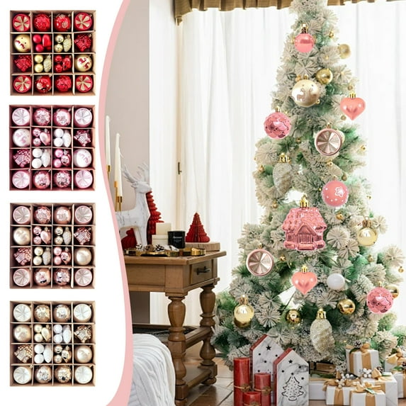 Xuniizn Christmas Ornaments Set - Christmas Decorations 40 Piece Differently Shaped Christmas Balls Set Multiple Styles Of Christmas Tree Decorations Can Also Be Used For Other Party, Pink