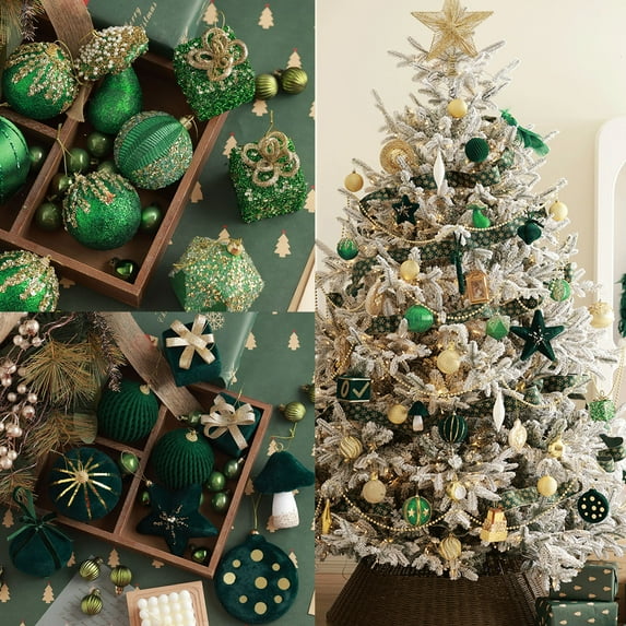 Xuniizn Christmas Ornaments Set - Christmas Decorations Flocked Christmas Balls Christmas Decoration SetMultiple Styles Of Christmas Tree Decorations Can Also Be Used For Other Party, Green
