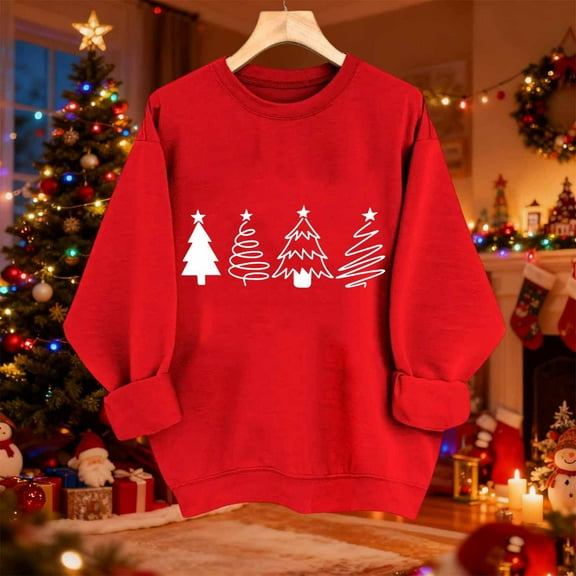 Xuniizn Christmas Sweatshirts for Women, Long Sleeve Oversized Funny Christmas Graphic Red Hoodless Sweat shirts, Lightweight Soft Breathable Trendy Cute Christmas Sweaters