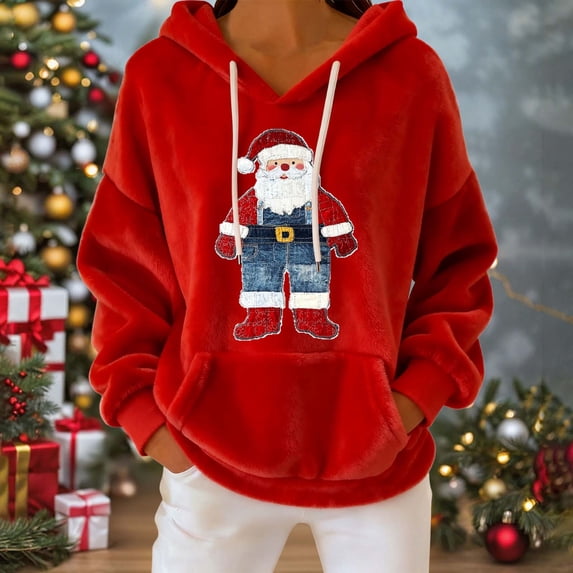 Xuniizn Christmas Sweatshirts for Women, Santa Print Long Sleeve Drawstring Front Pocket Double Velvet Oversized Hooded Tops, Soft Comfortable Warm Holiday Casual Hoodies