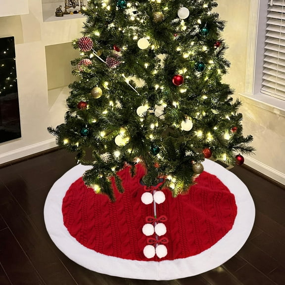 Xuniizn Christmas Tree Skirt Red Knitting Cotton Tree Skirts for Xmas Decor, Party Festive Merry Christmas Decorations for Home