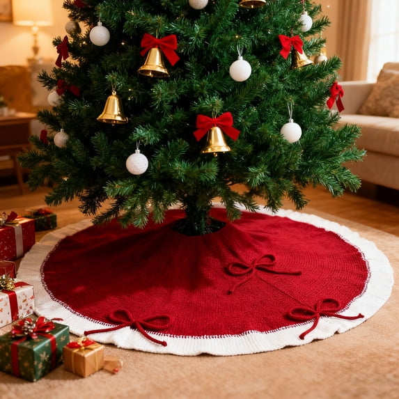 Xuniizn Christmas Tree Skirt Red Knitting Cotton Tree Skirts for Xmas Decor, Party Festive Merry Christmas Decorations for Home