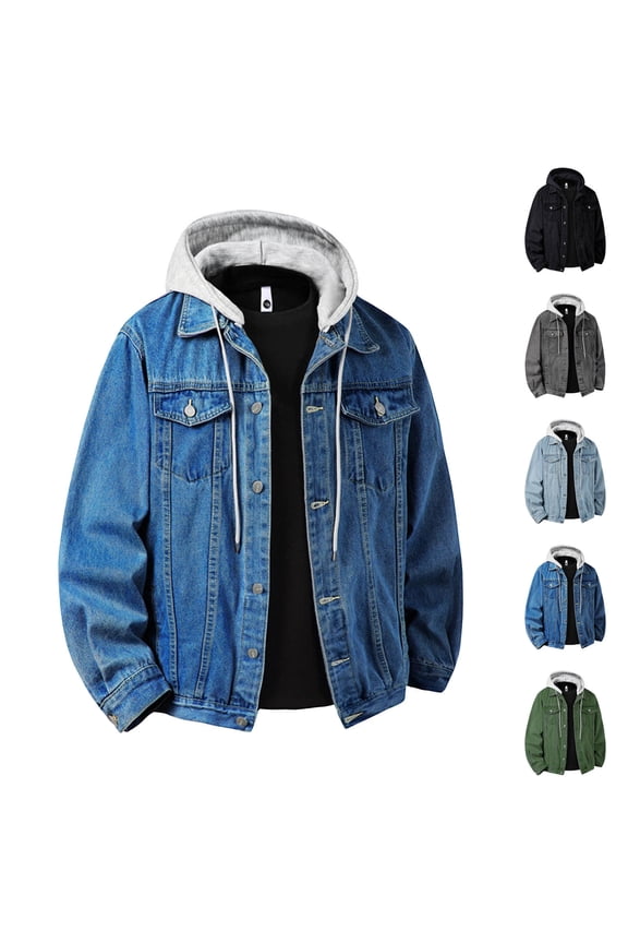 Denim Jacket Men, Relaxed Button Down Detachable Hooded Jean Jacket with Pockets, Soft Cozy Outdoor Casual Jackets, XS-3XL