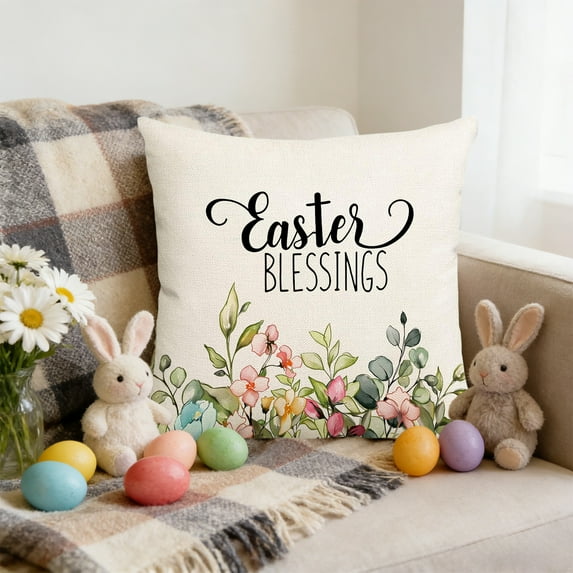 Xuniizn Easter Pillow Covers 18x18" Cute Easter Bunny Printing Linen Throw Pillow Covers for Bedroom Living Room Couch Sofa Decor, Easter Decorations