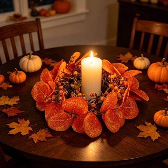Xuniizn Fall Candle Rings, Mini Artificial Pumpkins Maple Leaves Thanksgiving Day Candle Rings Fall Wreath for Fall Candle, Cup, Vase, Party Tabletop Fall Decor, Fall Decorations for Home