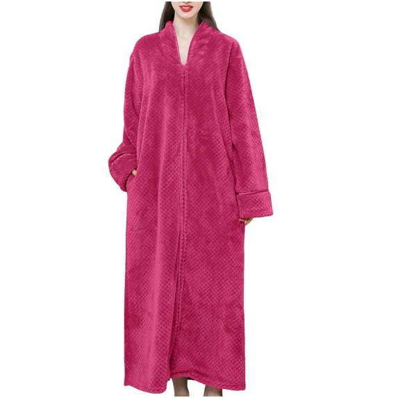 Xuniizn Fall Dresses for Women 2025, V Neck Solid Color Maxi Zipper Loungewear Dress, Thick Warm Soft House Dress