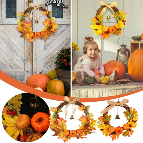 Xuniizn Fall Wreaths for Front Door, 12" Maple Leaves Pumpkin Wreath Fall Decor Fall Wreath for Thanksgiving Halloween Fireplace Wall Porch Party Supplies, Fall Decorations for Home