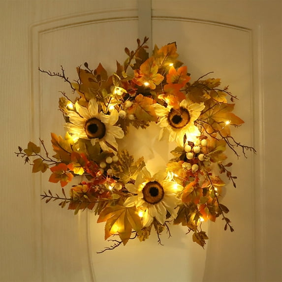 Xuniizn Fall Wreaths for Front Door, 16" Maple Leaves Pumpkin Wreath with Light Fall Decor Fall Wreath for Thanksgiving Halloween Fireplace Wall Porch Party Supplies, Fall Decorations for Home