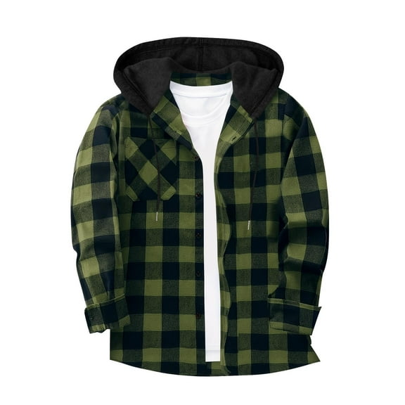 Xuniizn Flannel Hoodies for Men, Plaid Button Down Long Sleeve Shirts Drawstring Hoodies with Pockets, Lightweight Casual Fall Jackets